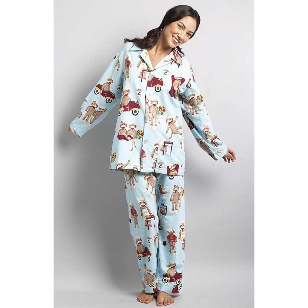 Nick & Nora Sock Monkey Flannel Pajama Set Blue Cotton 2 Piece M/S